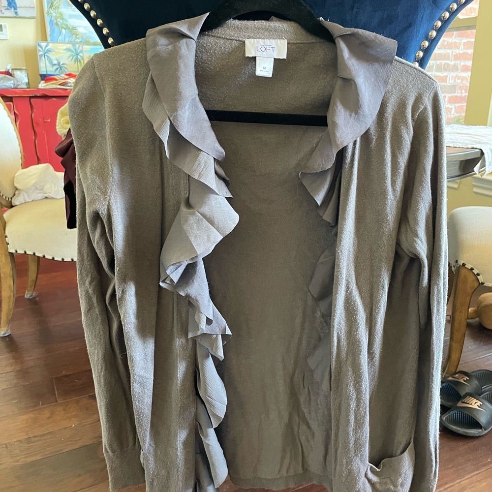 LOFT Gray Ruffle Cardigan Sweater